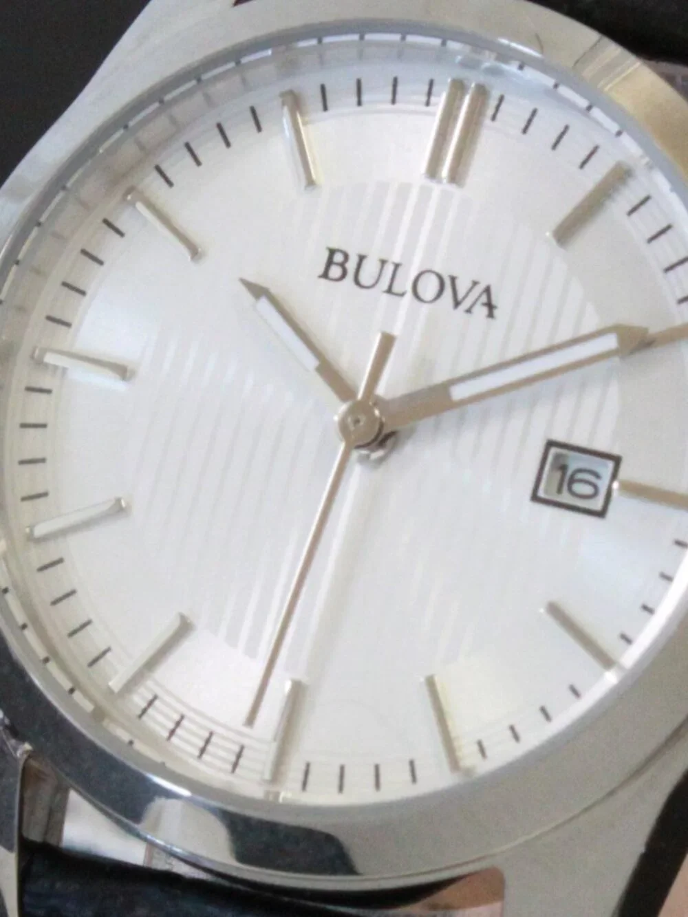 Bulova Ladies Classic Dress Watch Stainless, Silver Textured Dial, Black Strap